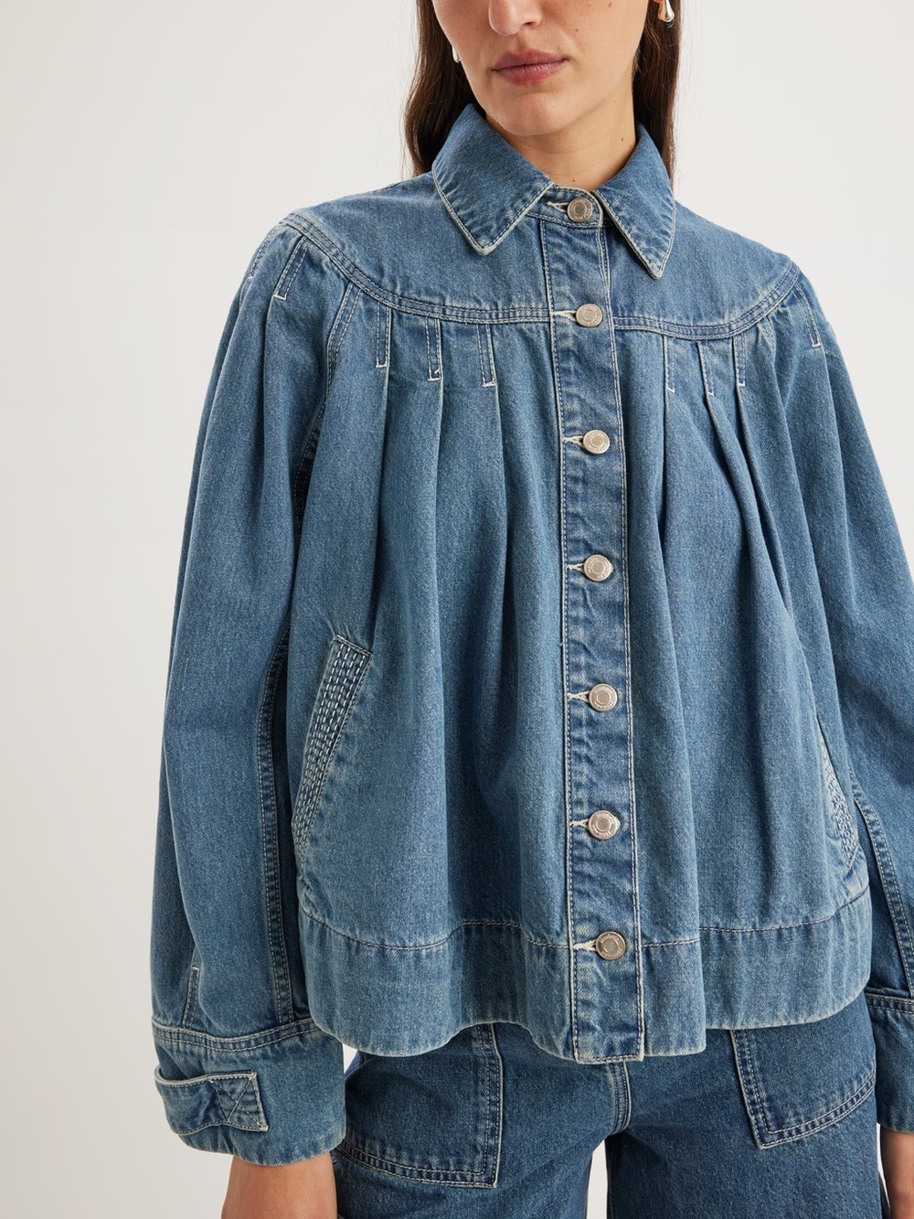 Merlette Easton Denim Jacket Pleated A-Line Oversized Mid Blue Wash Quiet Luxury
